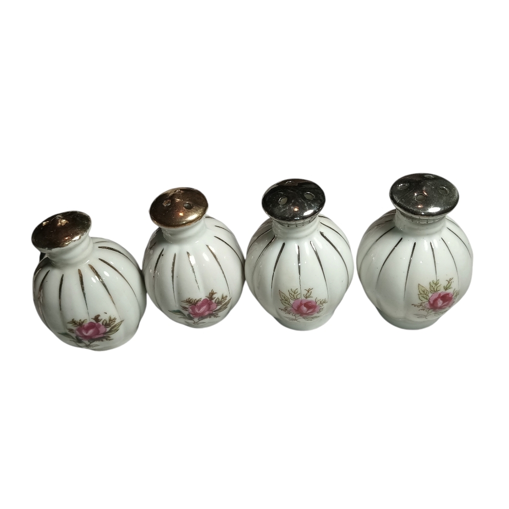 Vintage floral salt and pepper shakers gold and silver top matching sets